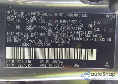 2013 Toyota Highlander Limited V6 из США, поврежденный, VIN 5TDDK3EH6DS224985